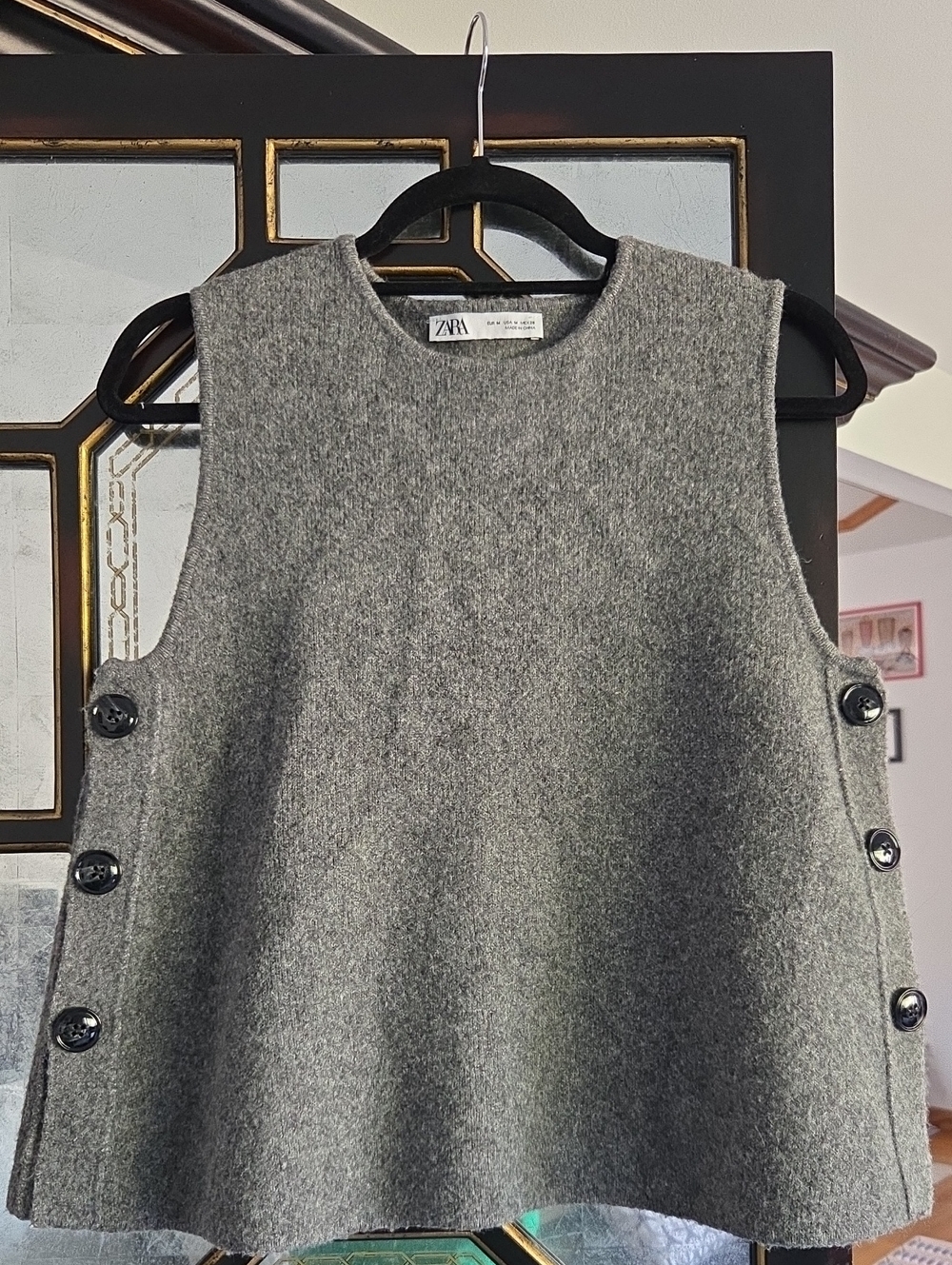 Zara Gray Sleeveless Wool-Blend Button Side Vest